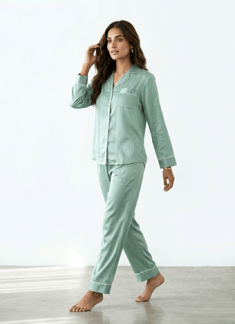 Plain Silk Satin PJ Sets For Women - Seafoam Green (Baggy Trouser)