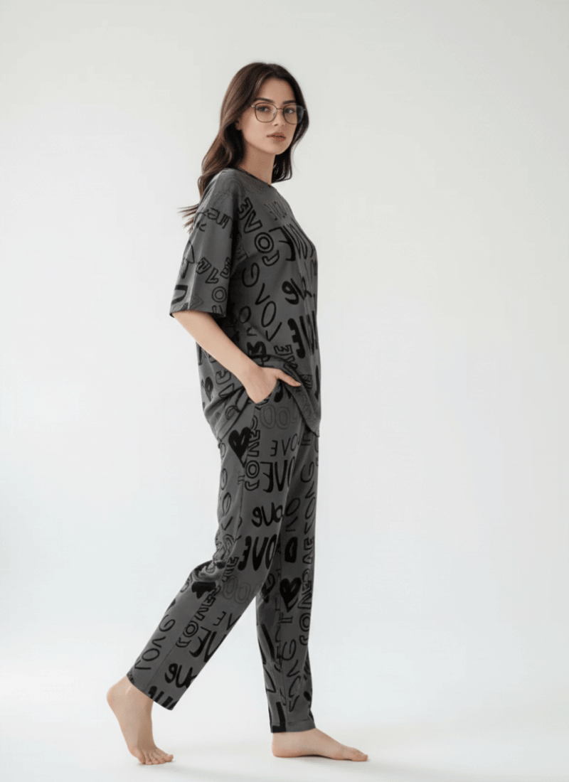 Love Drop Shoulder Charcoal - PJ SUIT FOR WOMEN