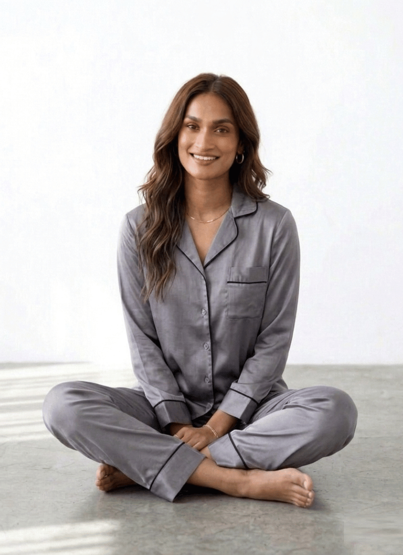 Plain Silk Satin PJ Sets For Women - Grey (Baggy Trouser)