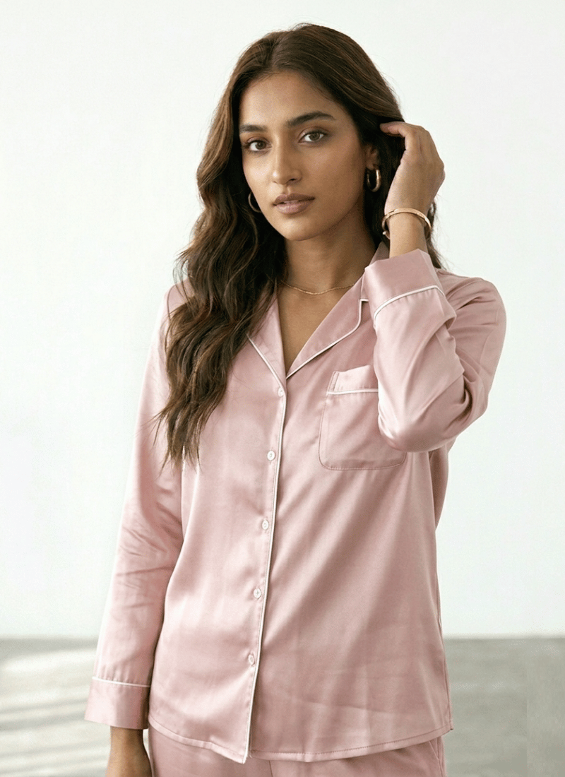 Plain Silk Satin PJ Sets For Women - Light Pink (Baggy Trouser)