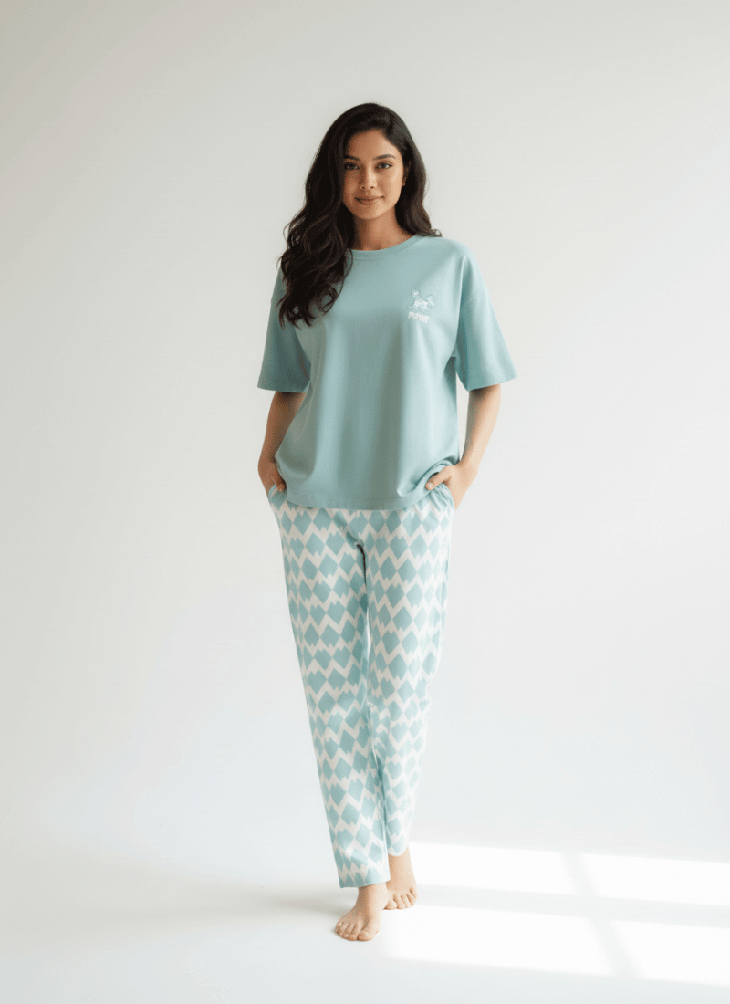 Sky Blue Printed - PJ SUIT FOR WOMEN