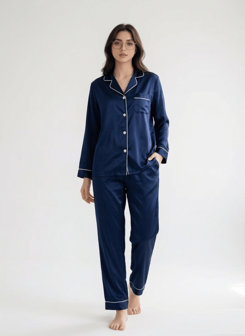 Plain Silk Satin PJ Sets For Women - Navy Blue (Baggy Trouser)