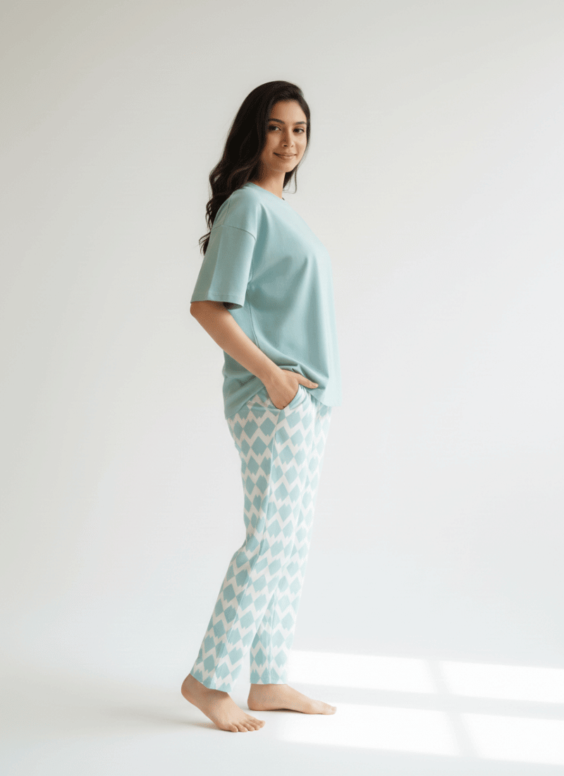 Sky Blue Printed - PJ SUIT FOR WOMEN