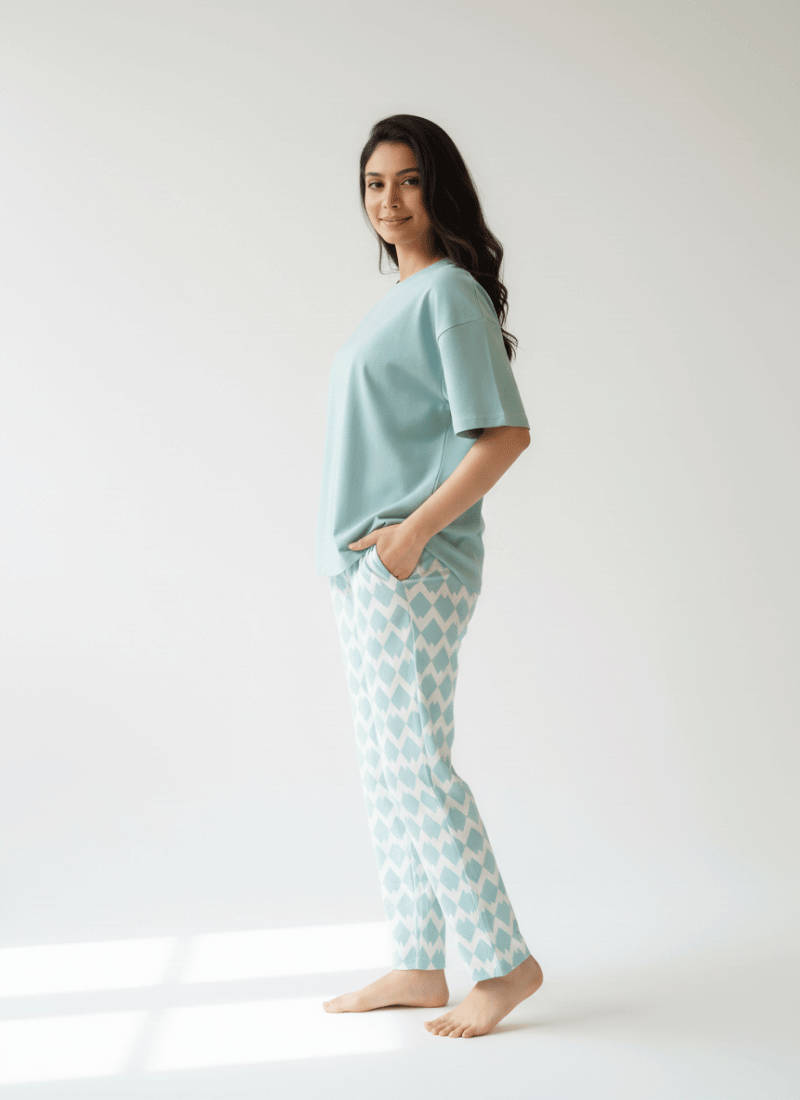 Sky Blue Printed - PJ SUIT FOR WOMEN