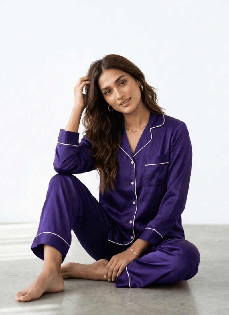 Plain Silk Satin PJ Sets For Women - Purple (Baggy Trouser)