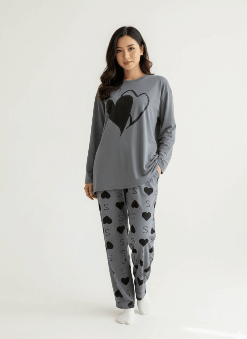 Double Heart Printed Charcoal - PJ SUIT FOR WOMEN