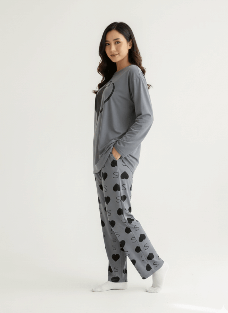 Double Heart Printed Charcoal - PJ SUIT FOR WOMEN
