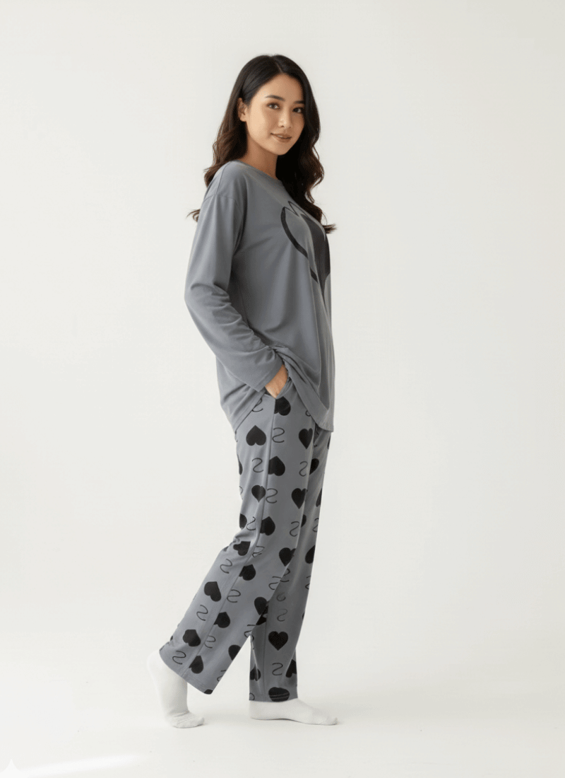 Double Heart Printed Charcoal - PJ SUIT FOR WOMEN