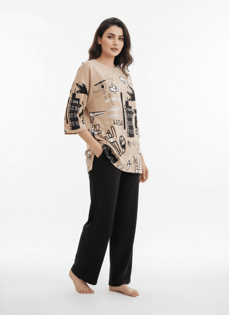 Planet Printed Brown - PJ SUIT FOR WOMEN