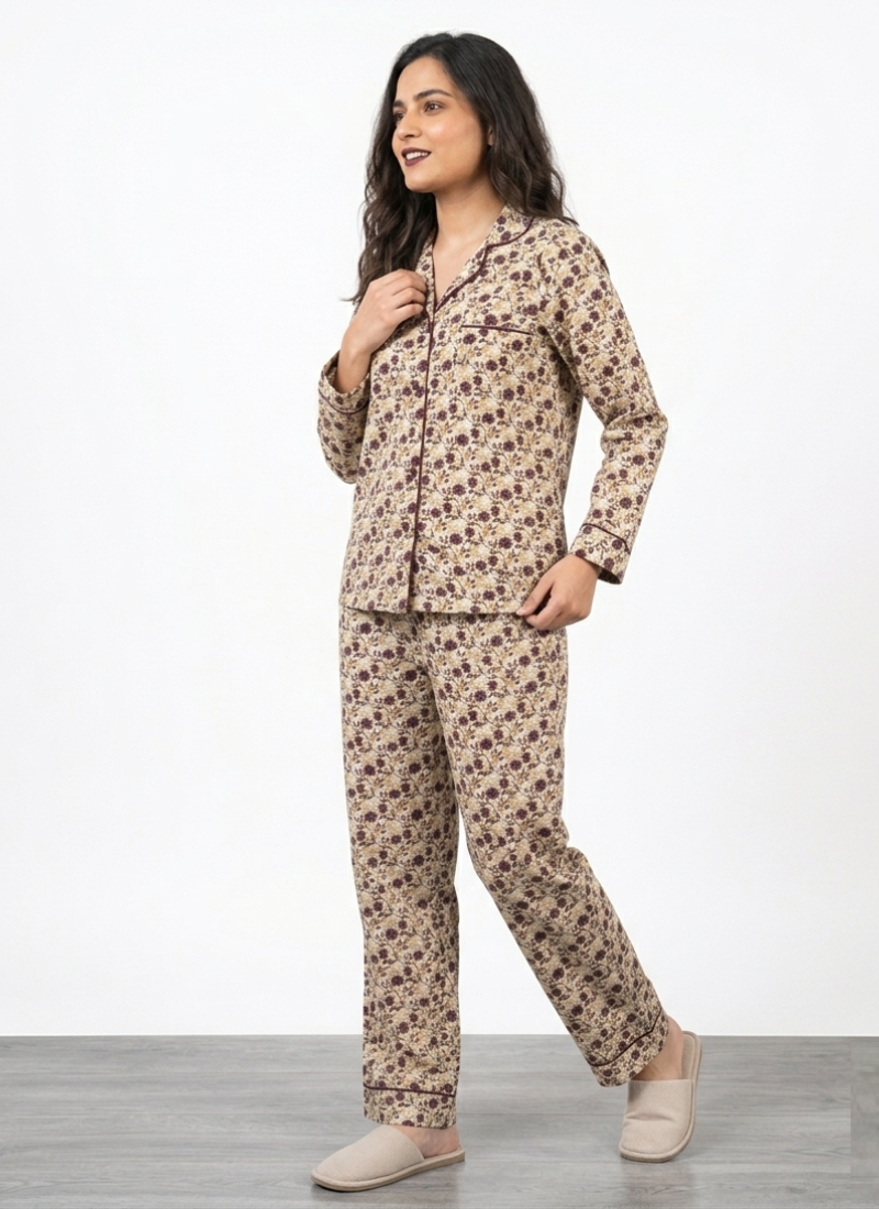 Digital Printed Night Suit - White Brown Flower