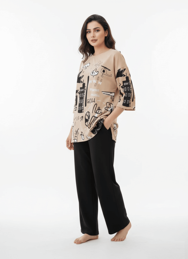Planet Printed Brown - PJ SUIT FOR WOMEN