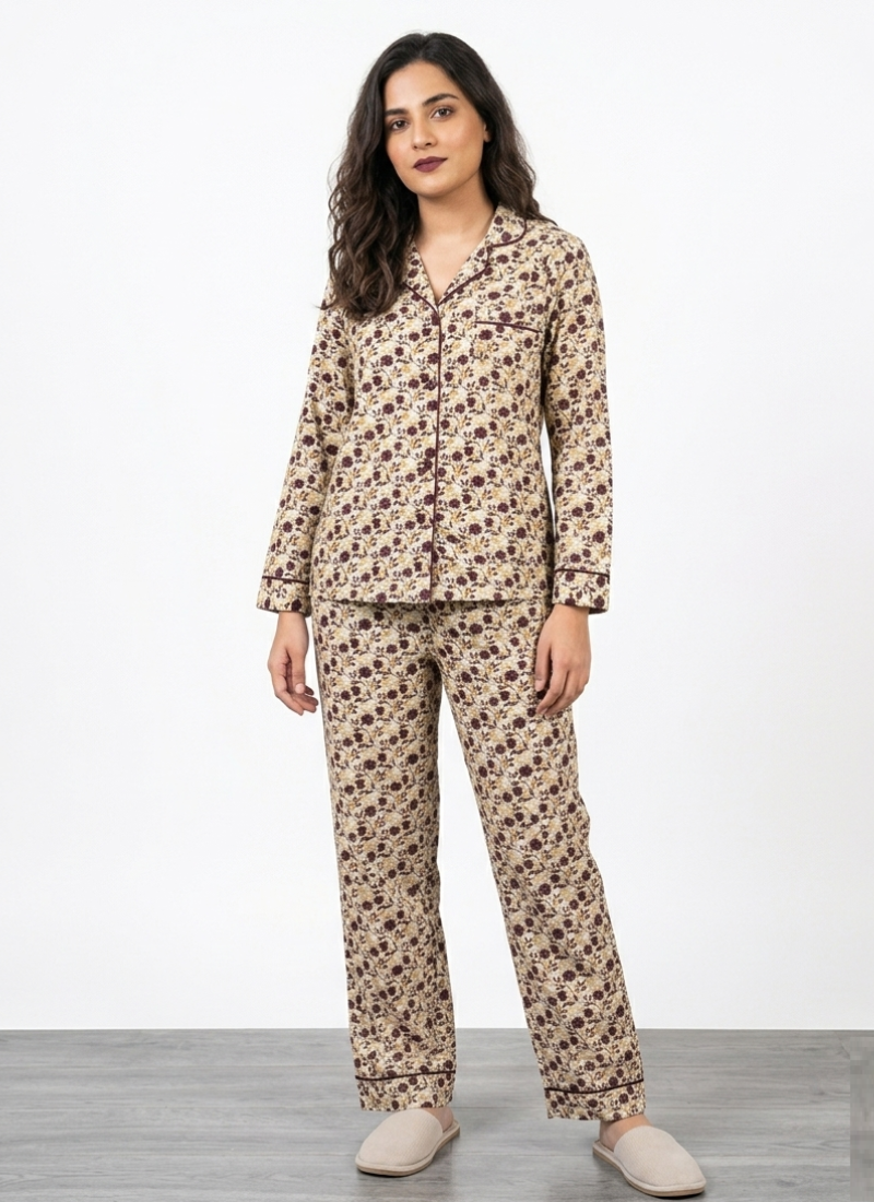Digital Printed Night Suit - White Brown Flower