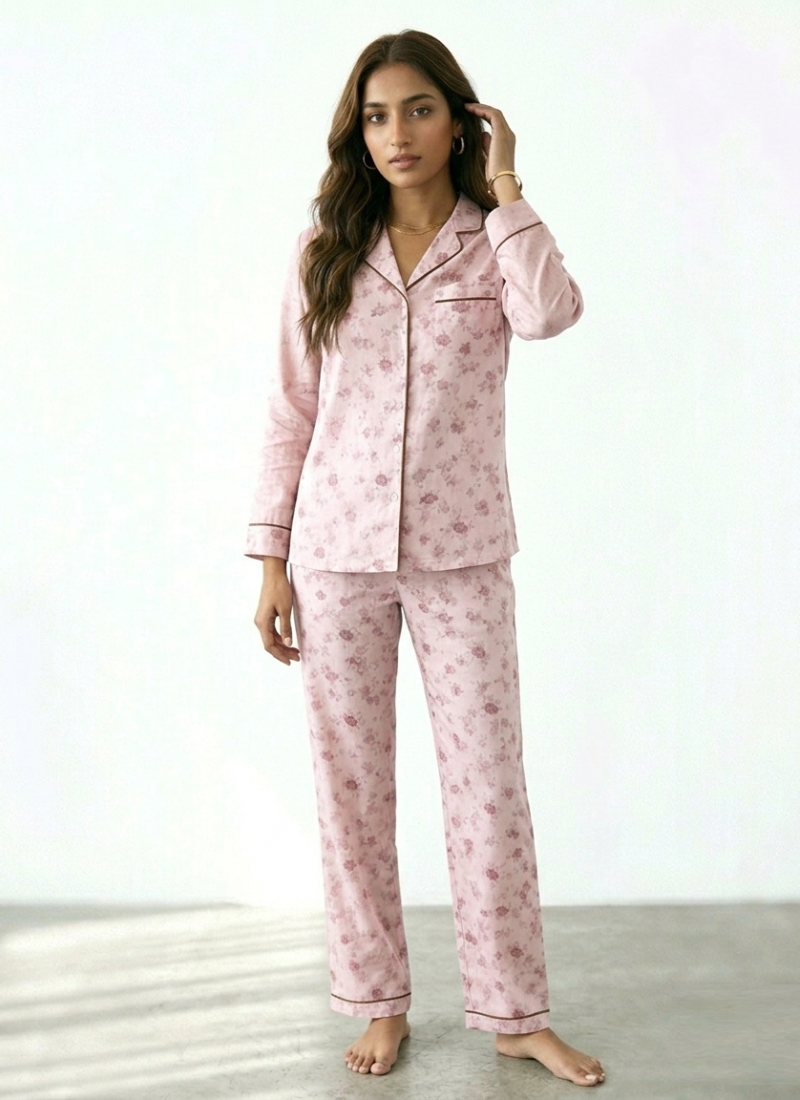 Digital Printed Night Suit - Light Pink Brown Flower