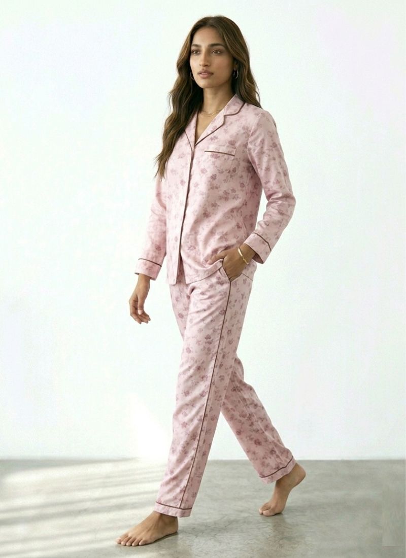 Digital Printed Night Suit - Light Pink Brown Flower