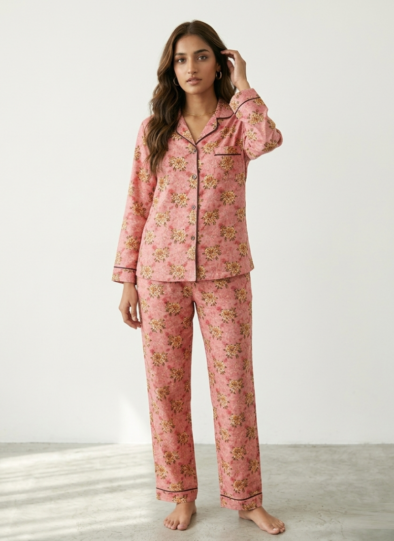 Digital Printed Night Suit - Pink Brown Flower
