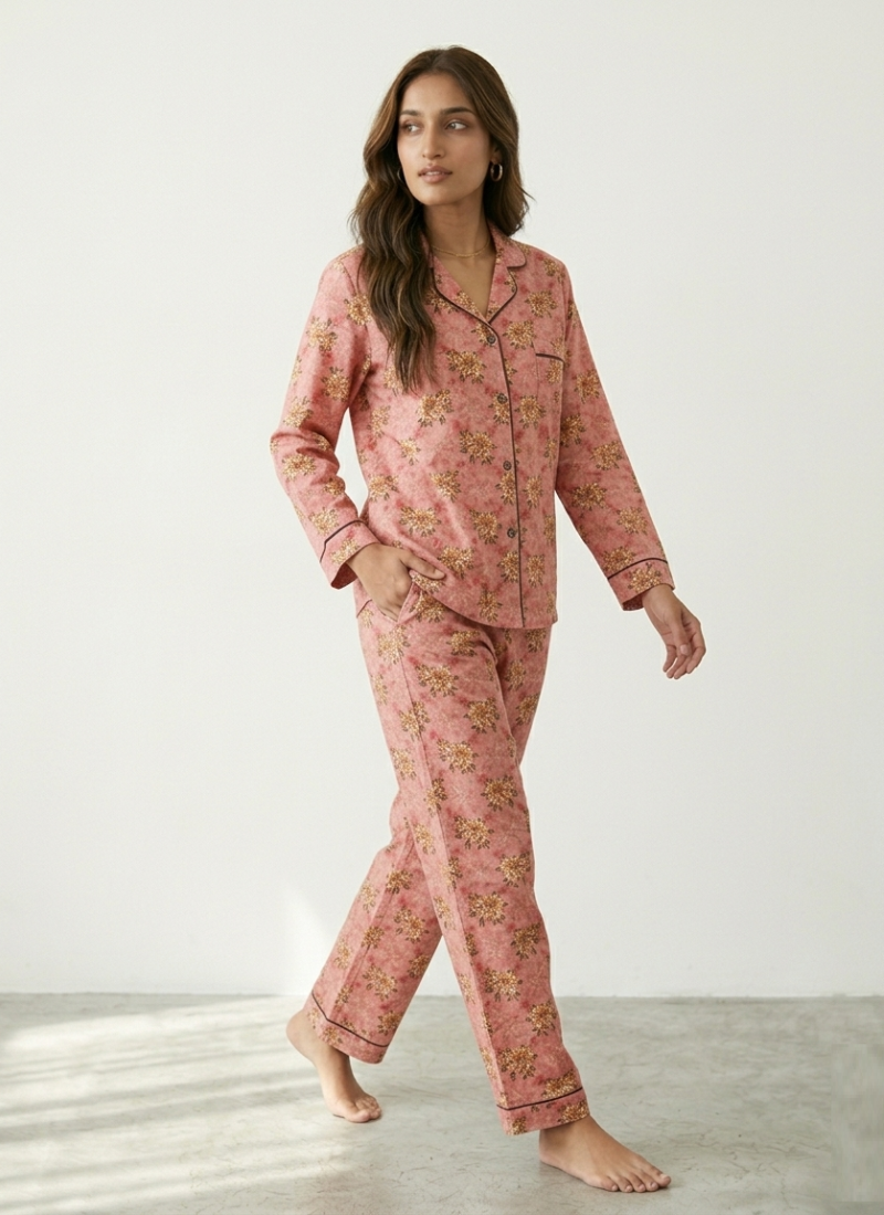 Digital Printed Night Suit - Pink Brown Flower