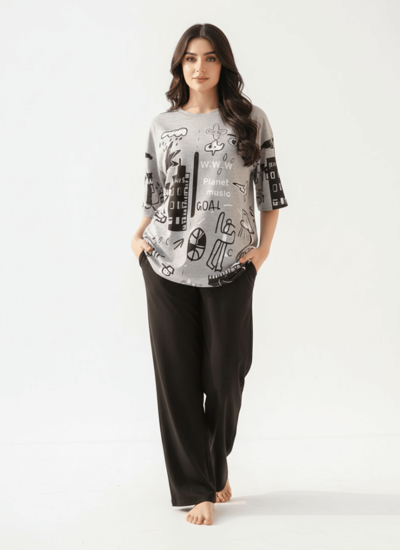 Plant Printed Grey - PJ SUIT FOR WOMEN