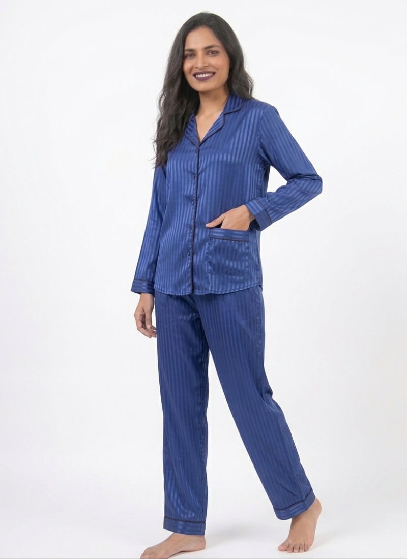 Digital Printed Night Suit - Navy Blue Stripe