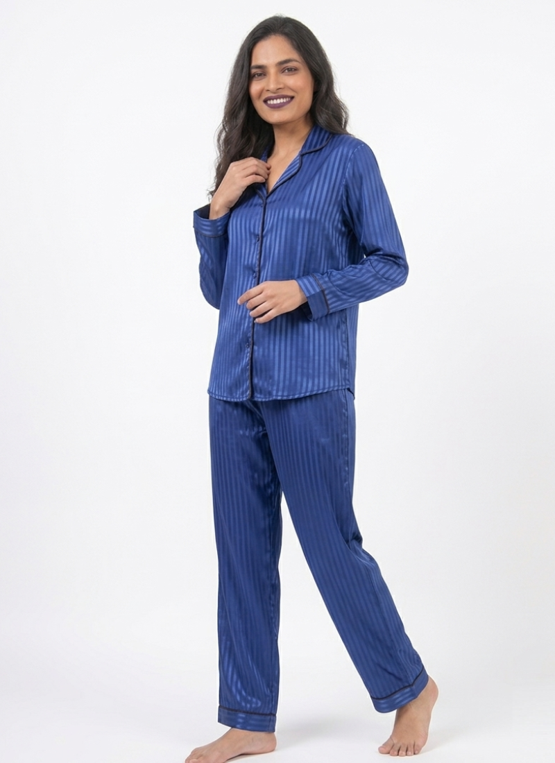 Digital Printed Night Suit - Navy Blue Stripe