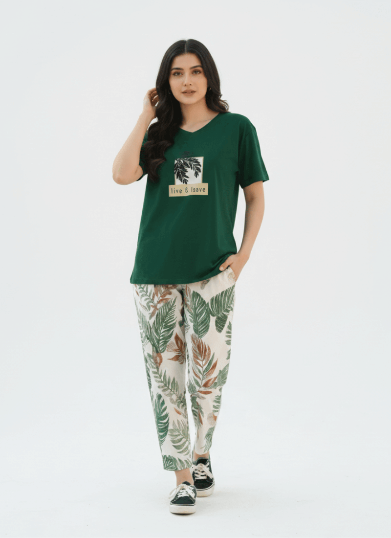 Live & Leave Leaf Printed Green - Print PJ Suit For Women
