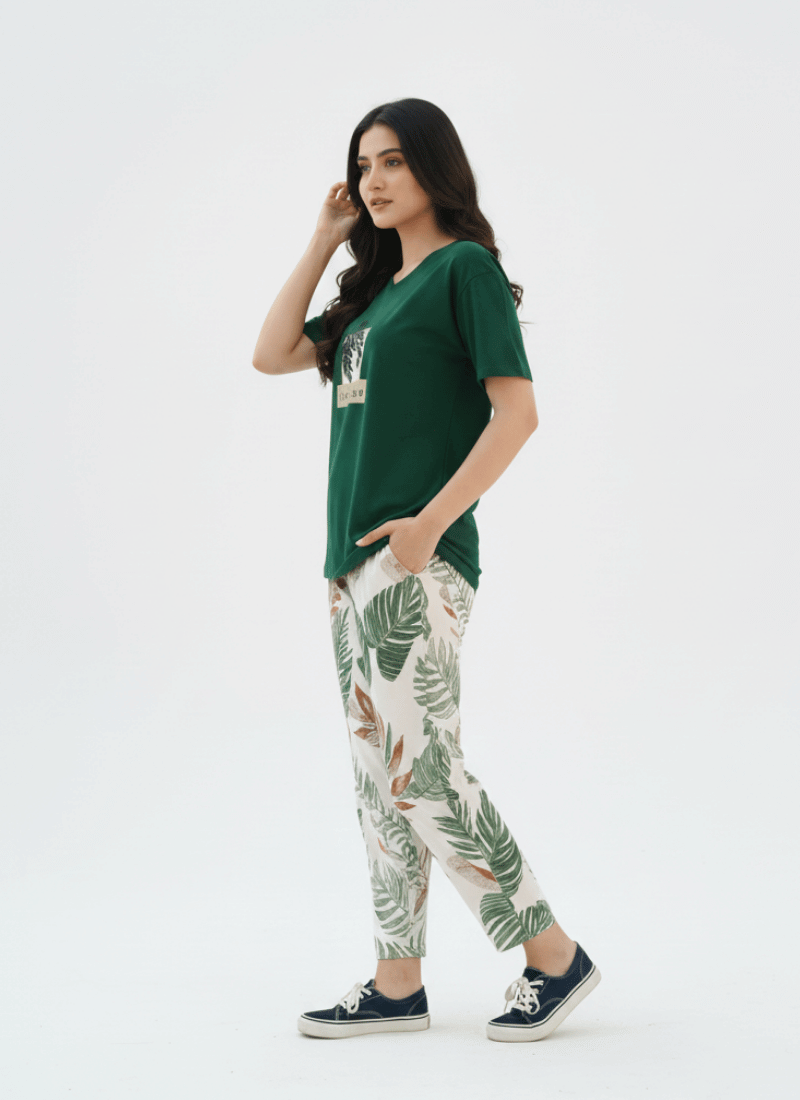 Live & Leave Leaf Printed Green - Print PJ Suit For Women