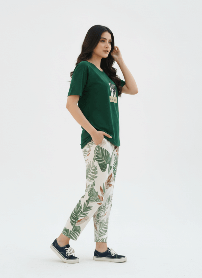 Live & Leave Leaf Printed Green - Print PJ Suit For Women
