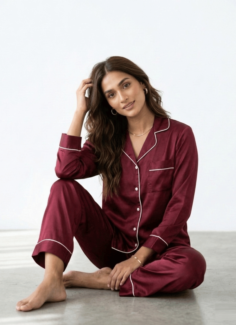 Plain Silk Satin PJ Sets For Women - Maroon (Baggy Trouser)