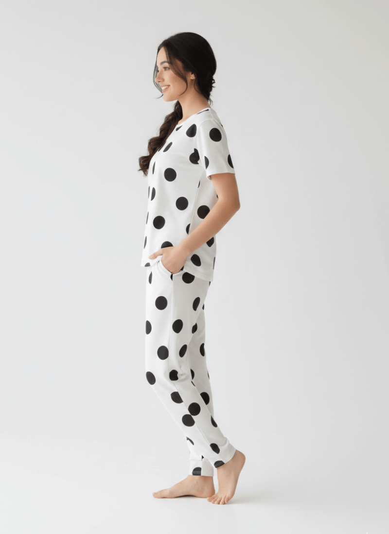 Black & White Dots Half Sleeves Printed - PJ SUIT FOR WOMEN