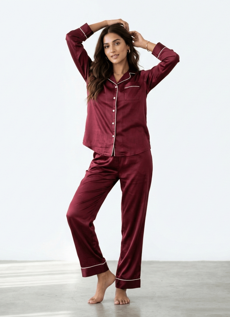Plain Silk Satin PJ Sets For Women - Maroon (Baggy Trouser)