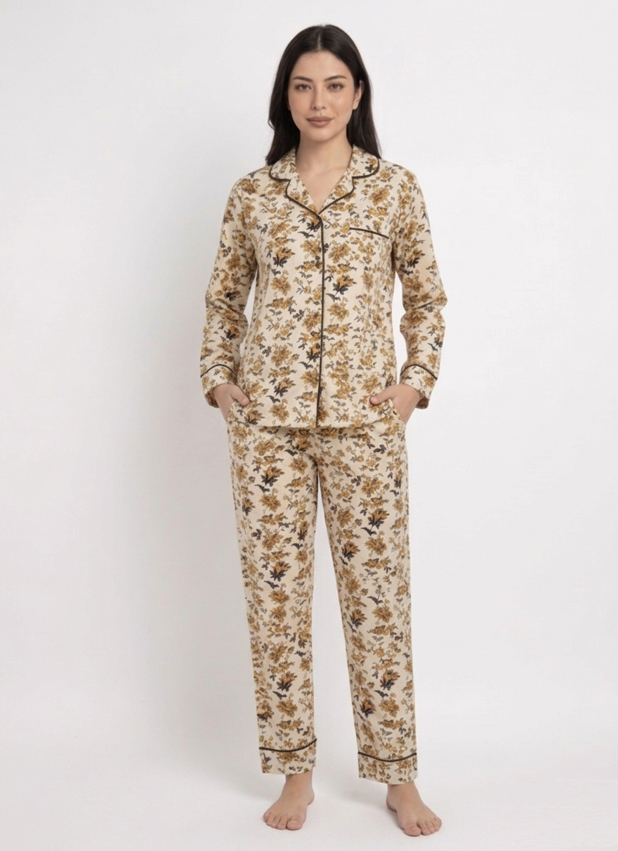 Digital Printed Night Suit - Black Brown flower