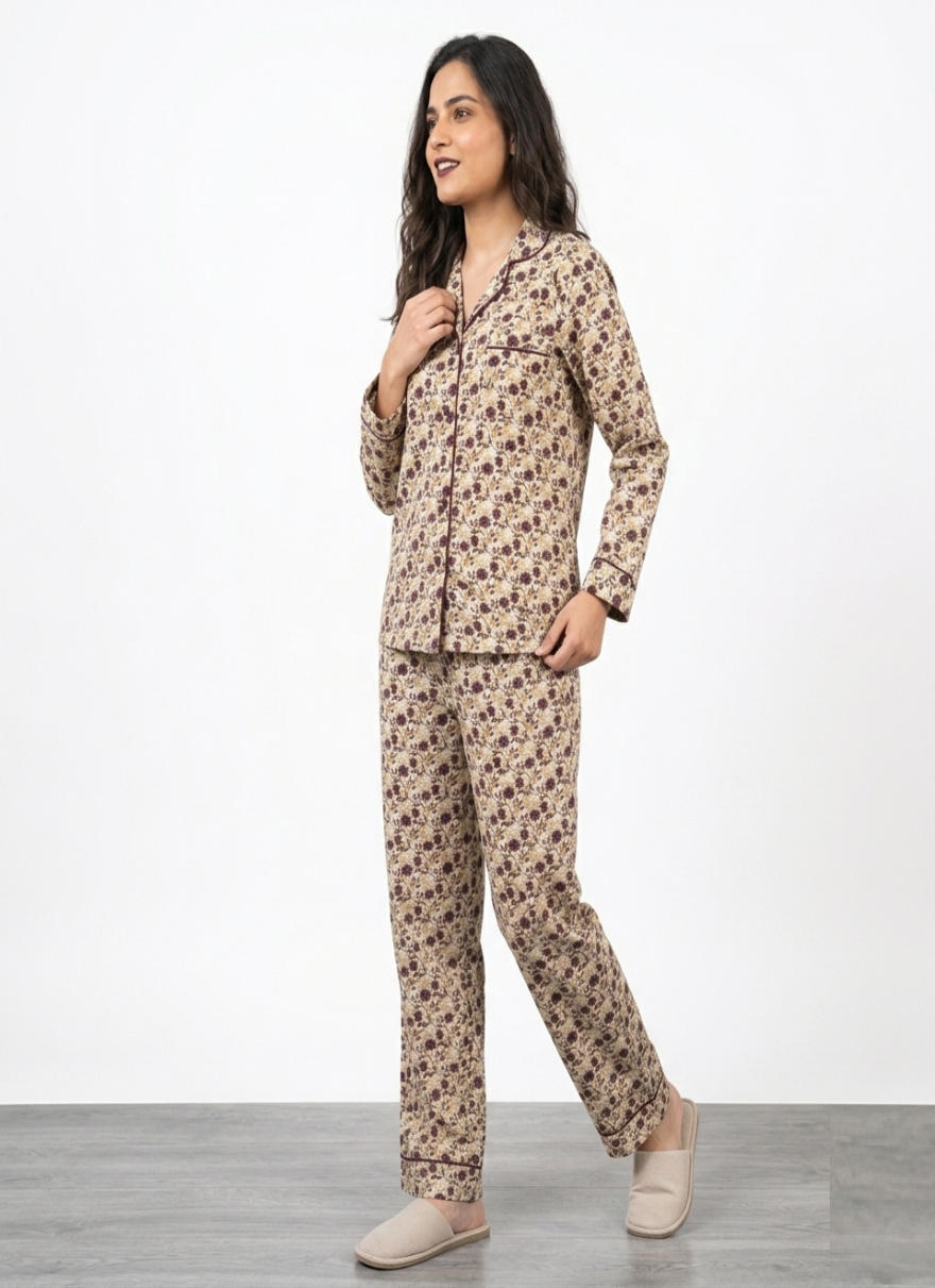 Digital Printed Night Suit - White Brown Flower