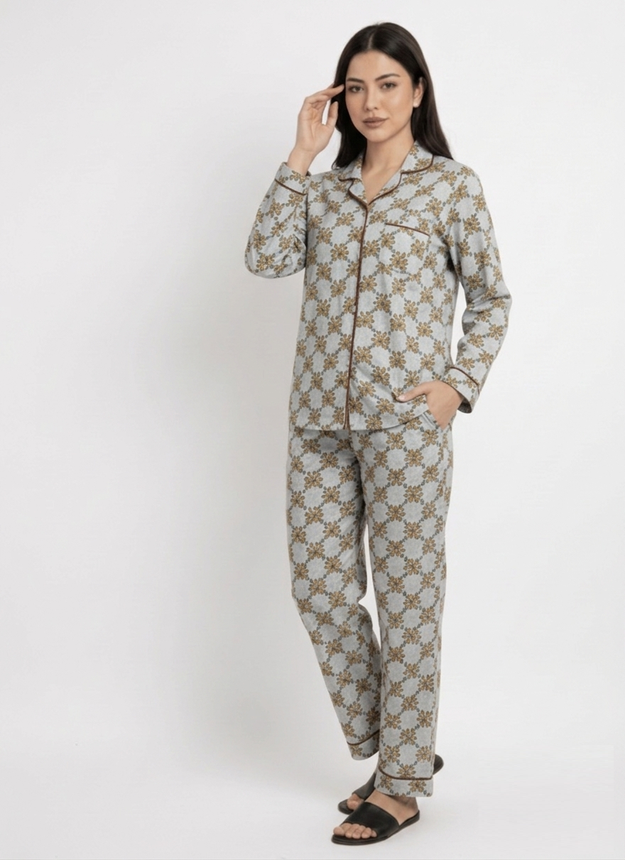 Digital Printed Night Suit - Sky Blue x Brown