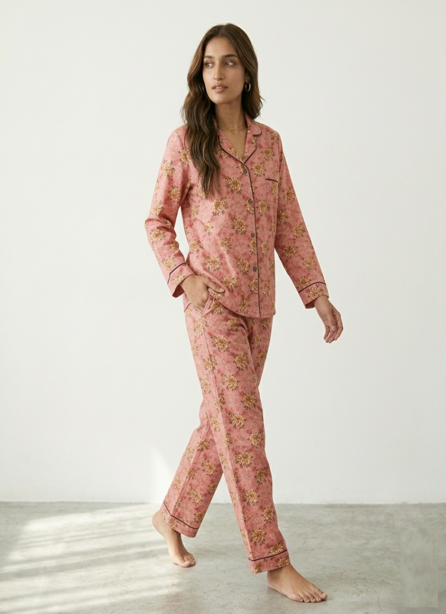 Digital Printed Night Suit - Pink Brown Flower