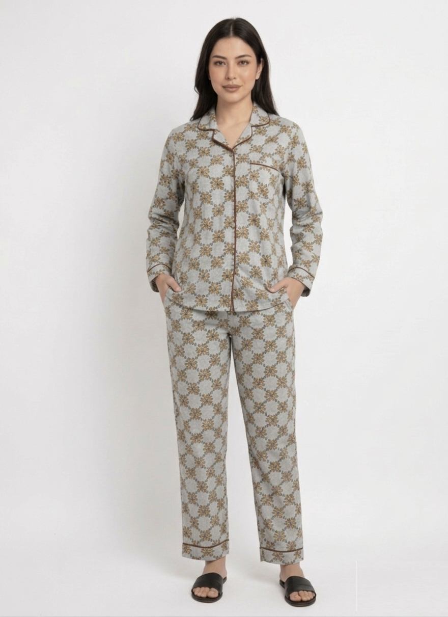 Digital Printed Night Suit - Sky Blue x Brown