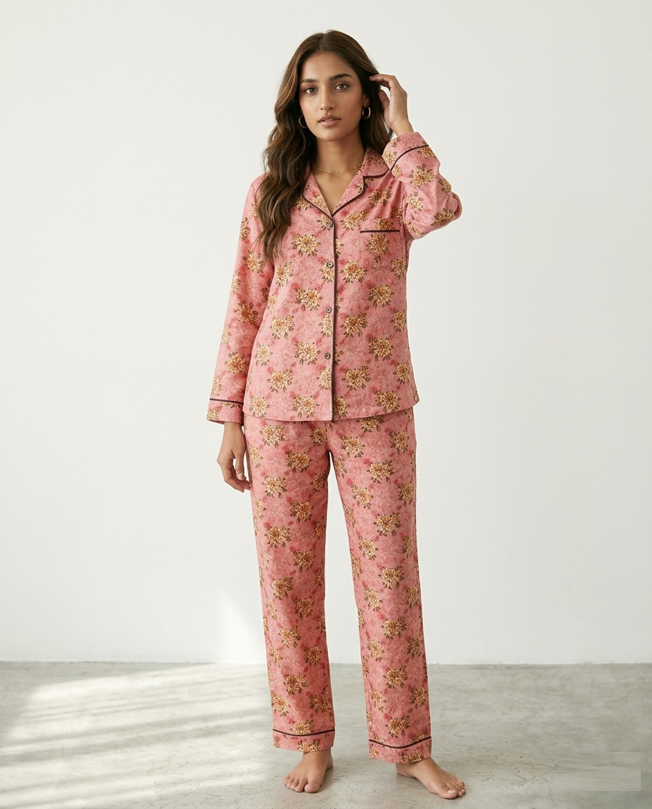 Digital Printed Night Suit - Pink Brown Flower