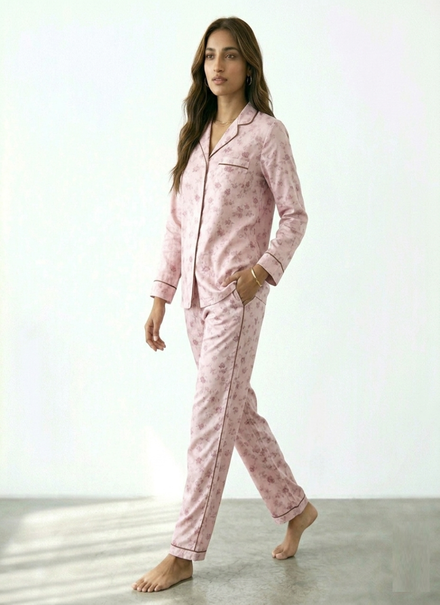 Digital Printed Night Suit - Light Pink Brown Flower