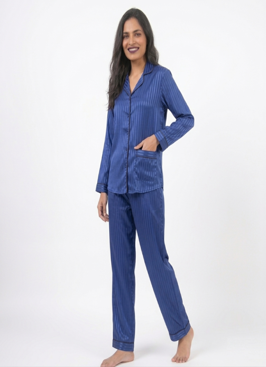 Digital Printed Night Suit - Navy Blue Stripe