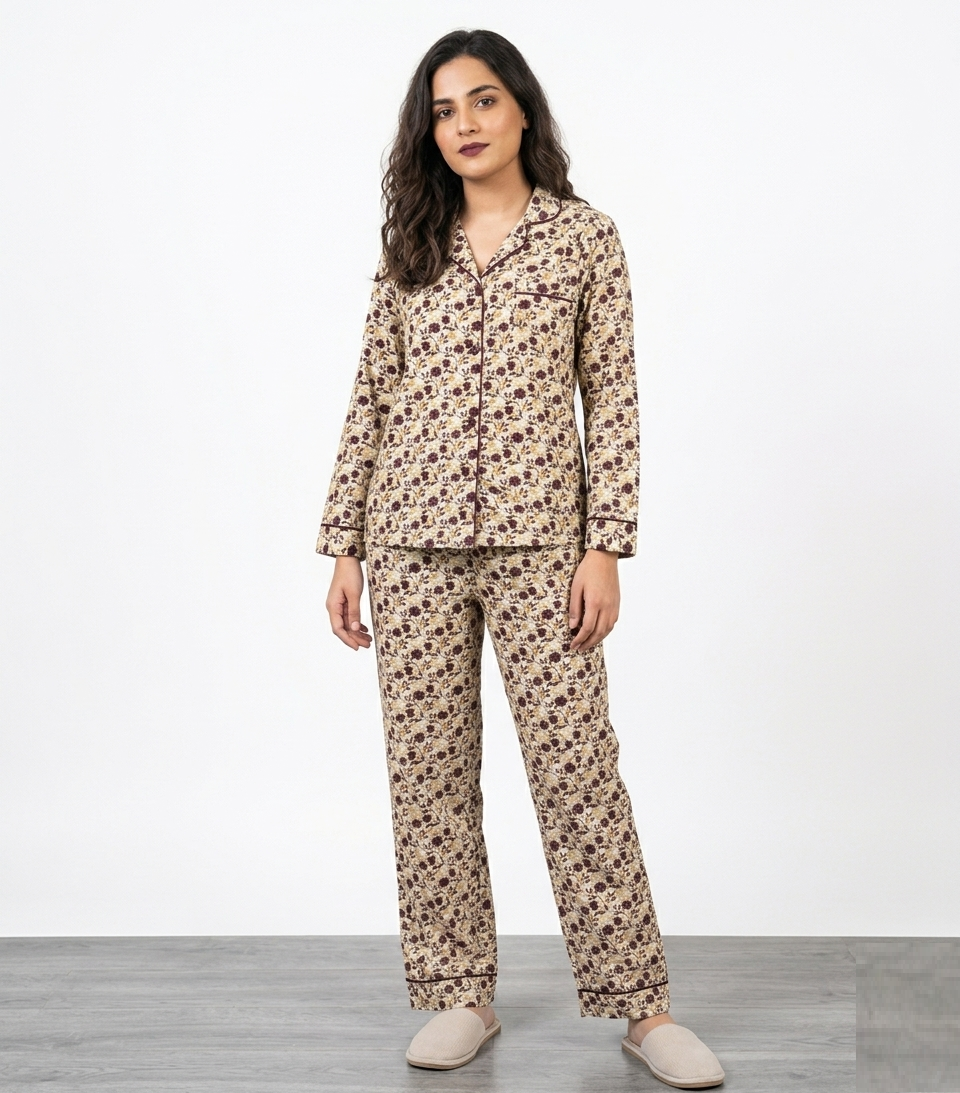 Digital Printed Night Suit - White Brown Flower