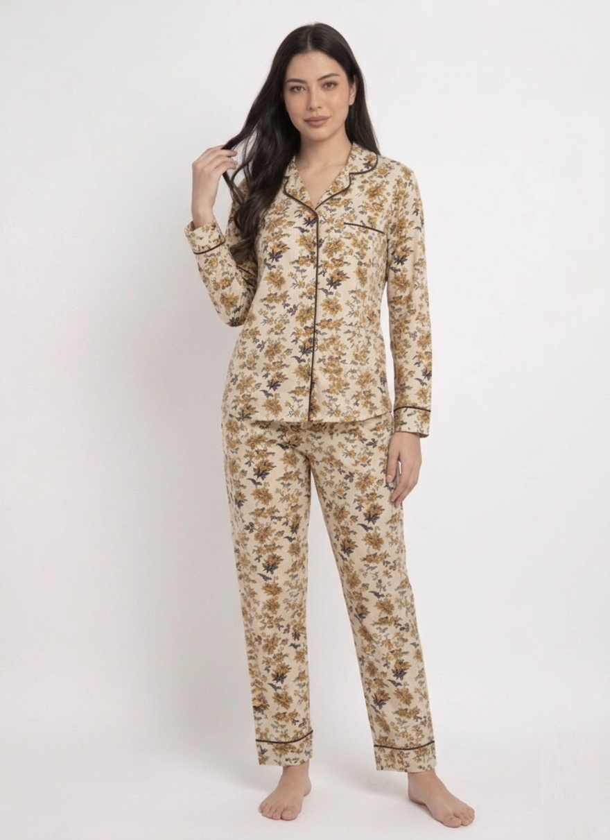 Digital Printed Night Suit - Black Brown flower